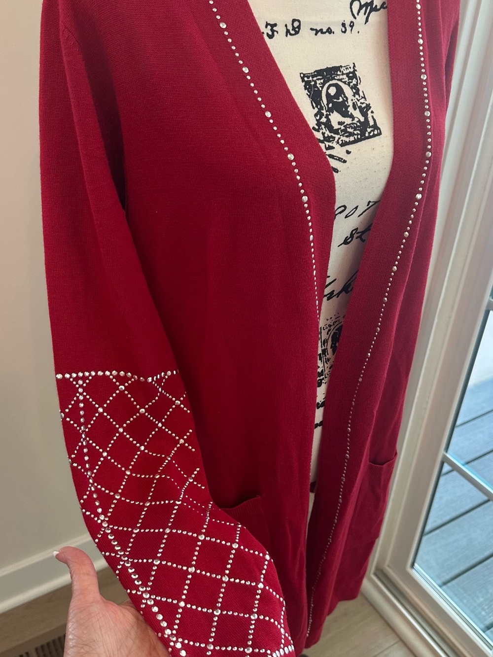 80 Park Red Rhinestone Lattice Sleeve Open Front Cardigan size Large